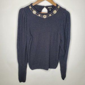 Express Womens Rhinestone Neckline Sweater Size M Black Long Puff Sleeve Keyhole